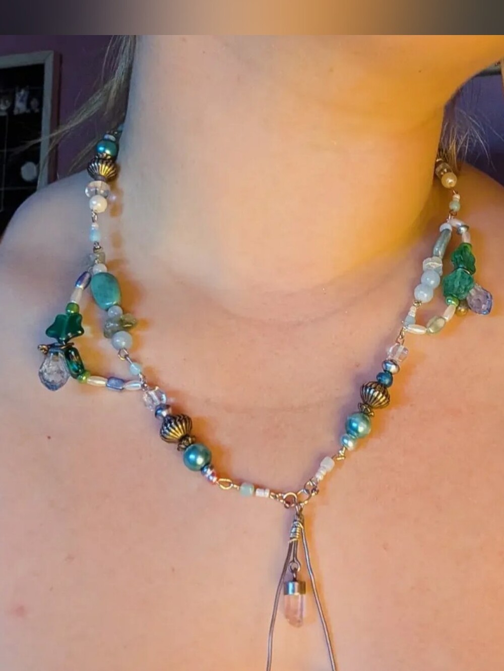 Handmade Green and Blue Beaded Pendant Necklace - Unbranded